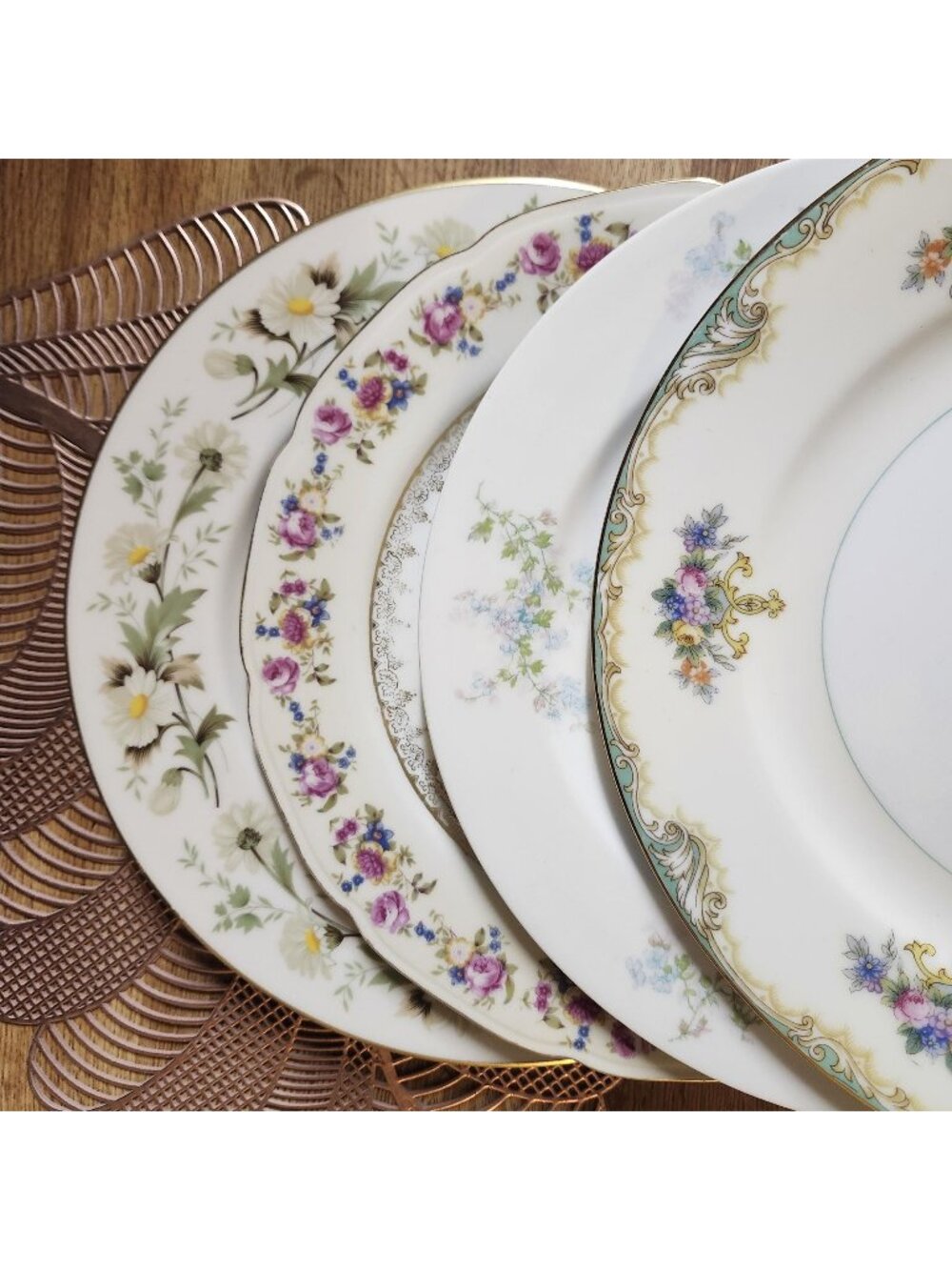 Mismatched Bright and Colorful China Dinner Plates Floral Set of 4 Porcelain